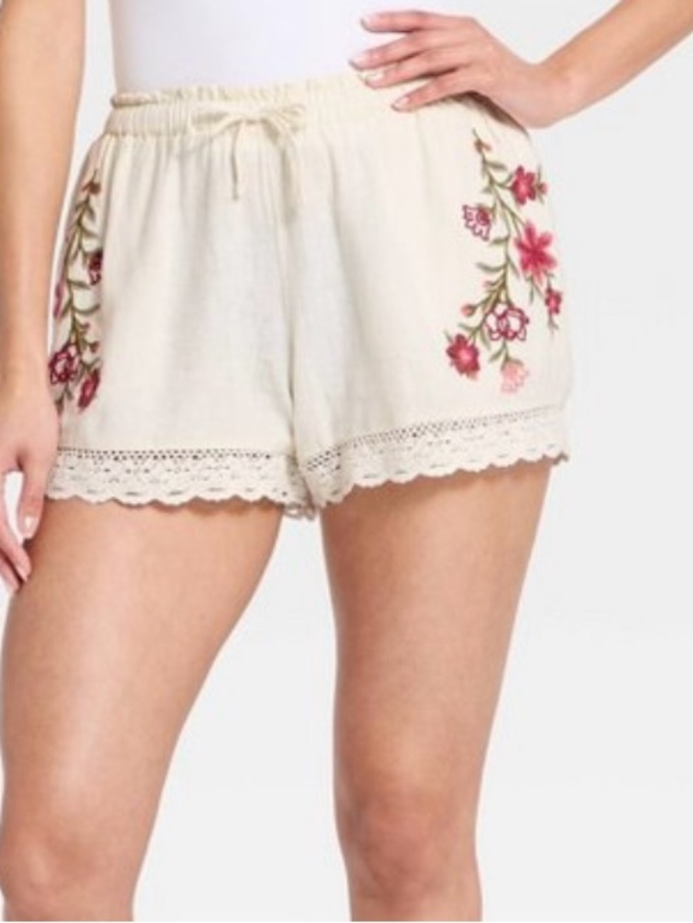 Universal Thread Linen Shorts Cream Floral Embroidery Pull On Size Large NWT